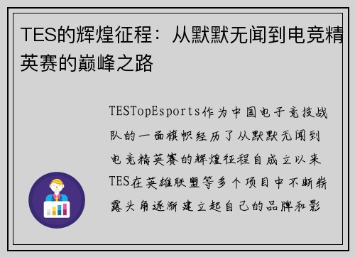 TES的辉煌征程：从默默无闻到电竞精英赛的巅峰之路