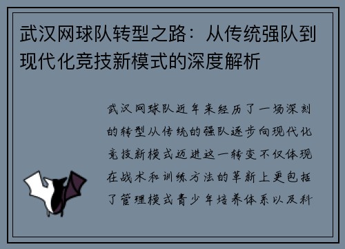 武汉网球队转型之路：从传统强队到现代化竞技新模式的深度解析